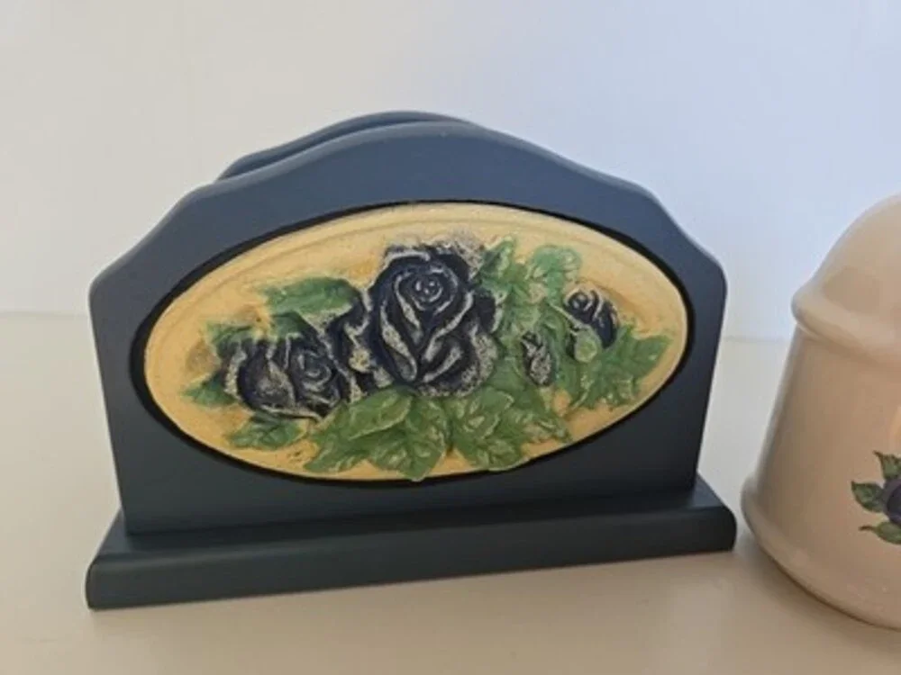Salt And Pepper Shaker Napkin Holder Set - Blue Rose - RARE